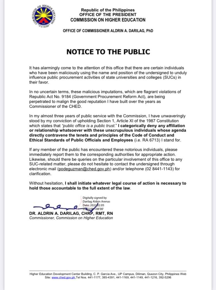 NOTICE TO THE PUBLIC from the Office of Commissioner Aldrin A. Darilag, PhD